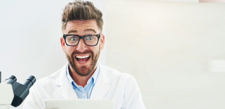 Man, portrait or excited in science laboratory for innovation, medical or orangutang eating plant research. Genes scientist, microscope or shock discovery for breakthrough, good news or mockup spaceの写真素材