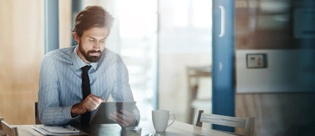Tablet, typing and business man in modern office for online project, website review and b2b...