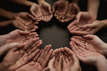 Hands, poverty and prayer with palm for symbol with trust for motivation with unity in community with gratitude. Faith, religion and hardship with sign, poor and people with strength in togetherの写真素材