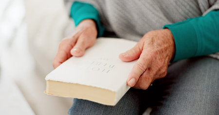 Closeup, hands and senior woman with a bible, faith and trust with religion, peace and wellness....