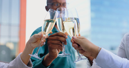 Toast, Champagne in hands and glasses to celebrate and business people outdoor for success together...