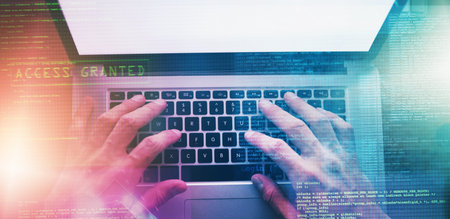 Hands, holographic and person with laptop, programmer and coding with internet, connection and...