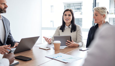 Talking, tablet or business people in meeting for solution, conversation or discussion in boardroom....