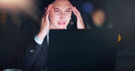 Woman, computer and headache in stress, burnout or anxiety for project, deadline or due date in...