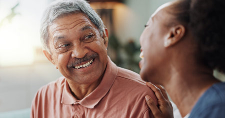 Nurse, man and hearing aid on ear for medical support, wellness and innovation of disability....
