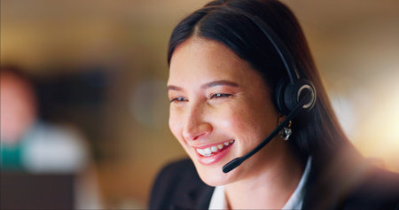 Woman, telemarketing and consulting at night in office for customer service, CRM advisory and funny...