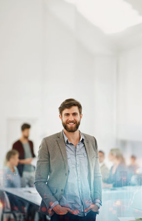 Portrait, businessman and meeting in office with double exposure of cityscape, professional in...