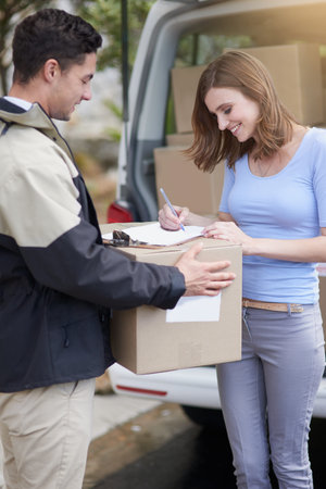 Delivery man, woman and clipboard signature for shipping, transport or cargo and online retail...
