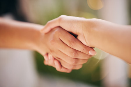 Deal, shaking hands and thank you with people closeup for agreement, partnership or welcome. CRM, meeting and support with handshake for collaboration, teamwork or success in bonus and promotionの写真素材