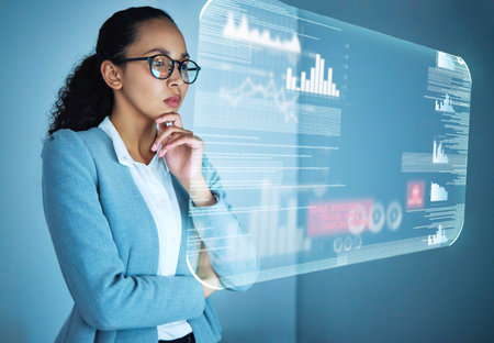 Business woman, thinking and analytics hologram with overlay for financial review with charts and...