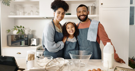 Family, child and baking in kitchen portrait, cooking and learning together with parents in apartment or culinary skills. Food, treat and girl preparation and home, love and childhood developmentの写真素材