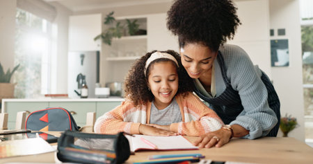 Child, assignment and home for studying, learning and growth for future or knowledge. Mother,...