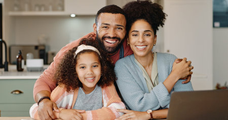Family, parents and girl child in portrait together in home for community, support and love or...