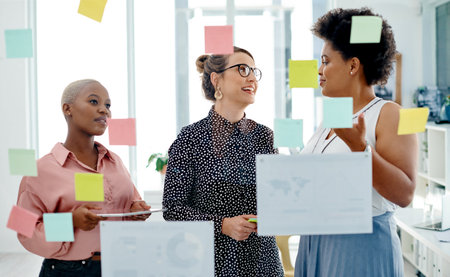 Business people, teamwork and sticky note on glass wall for research brainstorming, problem solving...