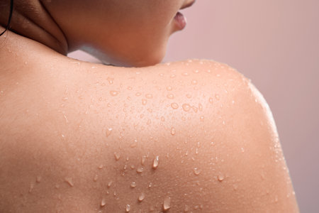 Woman, shoulder and shower with water for hygiene, droplets or wash on a pink studio background. Closeup of female person or young model with natural liquid in skincare, hydration or cleanlinessの写真素材