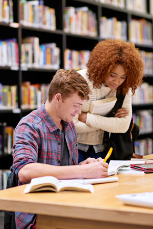 University, library and students knowledge for project, test or assignment in books on campus. Scholarship, research and friends education in college learning class for teamwork and informationの写真素材