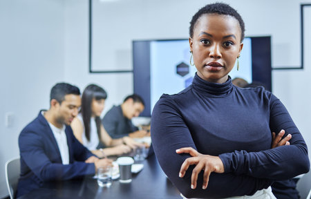 Portrait, black woman and boardroom for meeting, office and corporate for planning. Professional,...