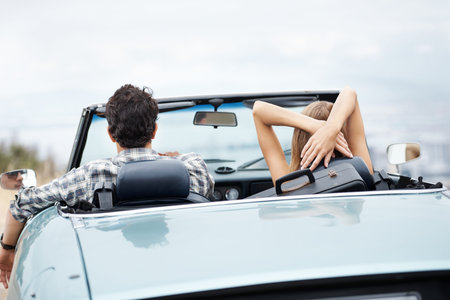 Back, couple and road trip in car for travel, love and journey with explore, adventure or vacation....