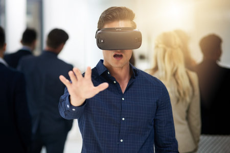 VR, bussinesman and hand for shock with glasses, metaverse and digital video game in office....
