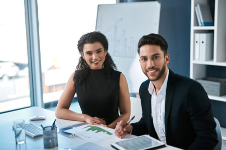 Business people, portrait and tablet with documents in meeting for company growth, solution and...