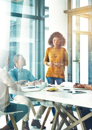 Business people, woman and presentation in boardroom with discussion for company growth and...