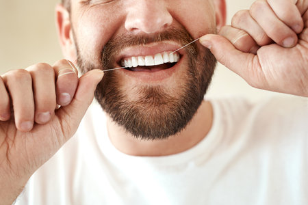 Man, dental and floss in morning for teeth cleaning in bathroom with wellness, healthy and oral hygiene. Routine, happy and fresh breath for grooming or care on weekend with closeup in Switzerland.の写真素材