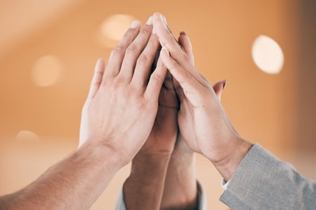 High five, motivation or hands of business people with success celebration of goals, mission or...