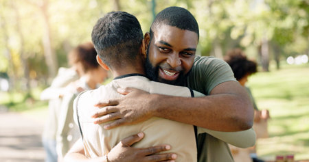 Happy man, friends and volunteer with hug in nature for welcome, thank you or partnership at outdoor...