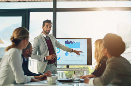 Presentation, chart and stock market for man, explaining and pointing of stats for growth and sales....