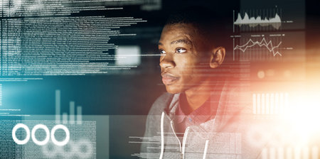 Man, web developer and coding overlay with statistics for fintech app, reporting and chart software....