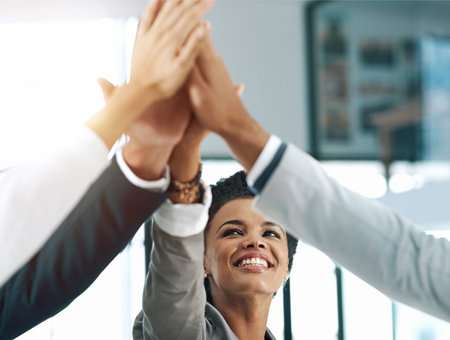 Woman, hands and diversity for success in high five for business or project as lawyer in corporate....
