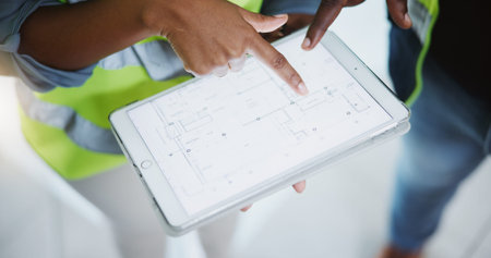 Construction blueprints, hands and people with tablet in closeup for building project management....