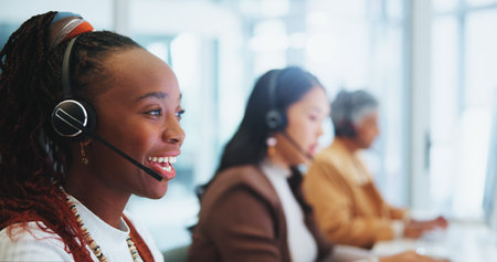 Smile, woman and call centre with headset in office, telemarketing or customer service of client...