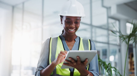 Female engineer, tablet and browsing with smile for construction or project management with tech....