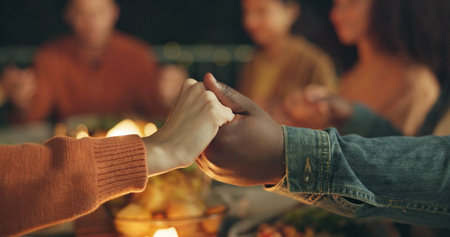 Closeup, holding hands and praying, food and friends worship together, gratitude and thanks to God...