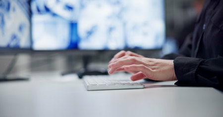 Hands, business and woman with keyboard, typing or internet with employee, financial analyst or economy. Person, accounting or closeup with human, equipment or connection with stock market or tradingの写真素材