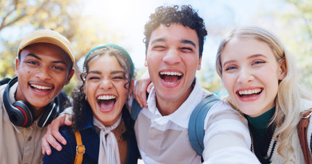 Happy students, portrait and nature with selfie for memory, photography or capture at outdoor park....
