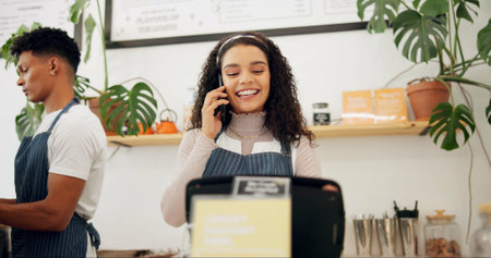 Woman, cafe and barista with phone call order for ecommerce, takeaway and communication at counter....