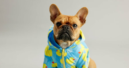 Bull dog, portrait and animal with colorful jacket for fashion, clothing or style on a white studio background. Small french pet, canine puppy or young adorable pure breed in stylish outfit or hoodieの写真素材