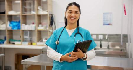 Happy woman, portrait and veterinarian with tablet for animal healthcare, shelter or emergency at...