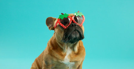 French bulldog, pet and sunglasses in studio for fashion, strawberry and edgy by blue background. Animal, dog or puppy with shades, fruit shape and relax with trendy style, summer and vacationの写真素材