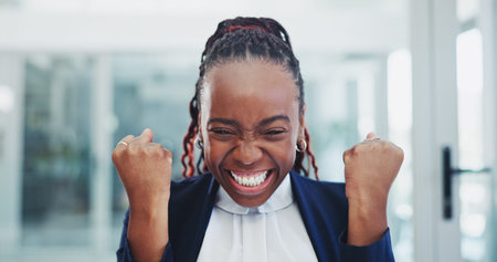 Business, black woman and excited with celebration in office for promotion, company success or...