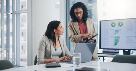 Business meeting, data analytics or women with graph presentation in office for tablet, idea or...