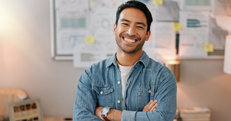 Business man, arms crossed and smiling face with creative worker and confident from admin consultant...
