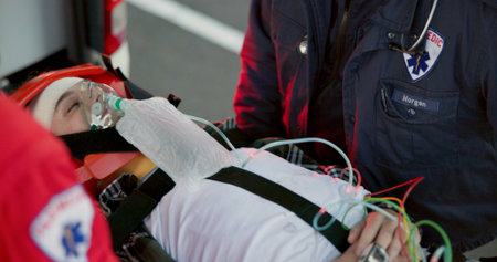 People, paramedic and help patient in outdoor on scene for emergency, rescue and support. Emt team,...