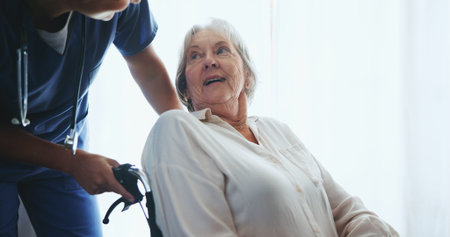 Senior, woman and nurse for support in wheelchair with assisted living, rehabilitation and happy for...