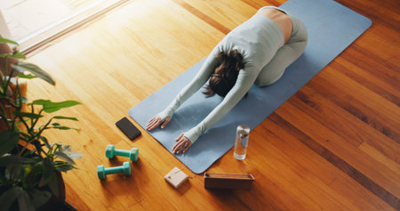 Tablet, online and girl in home with yoga, fitness and healthy stretching for holistic exercise....