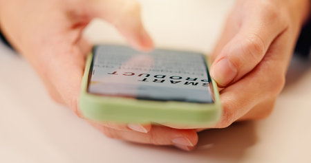 Hands, phone and person reading on screen for online news blog, internet or ebook for information....