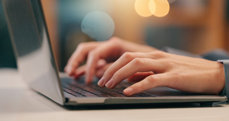 Person, hands and typing on laptop in office for email, spreadsheet and proposal or application for...