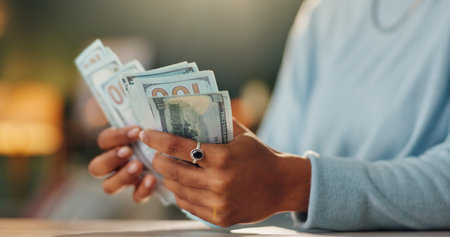 Money, hands or girl in house with investment growth, bonus or loan payment, planning or financial...